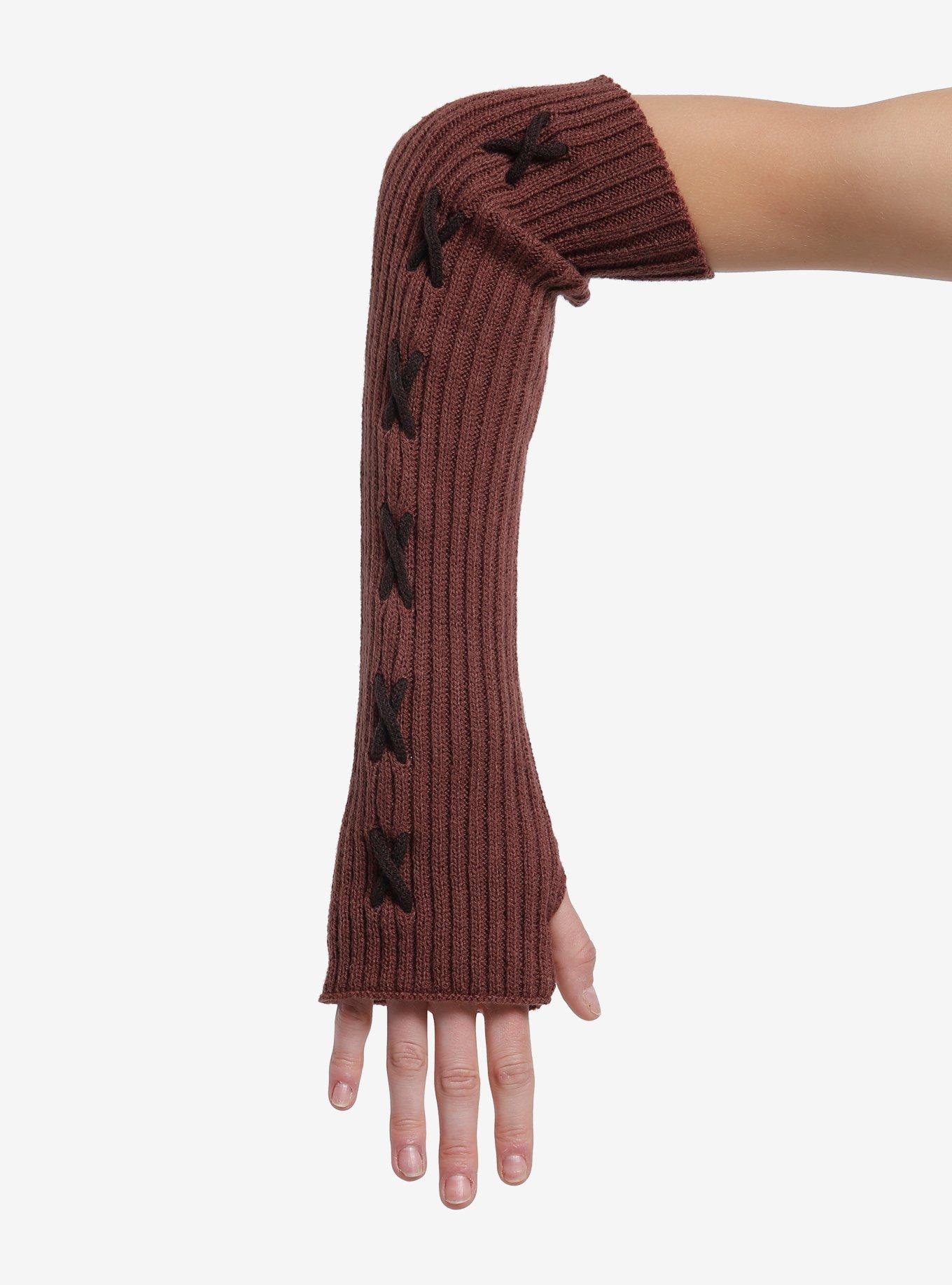 Brown Ribbed Lace-Up Arm Warmers, , hi-res