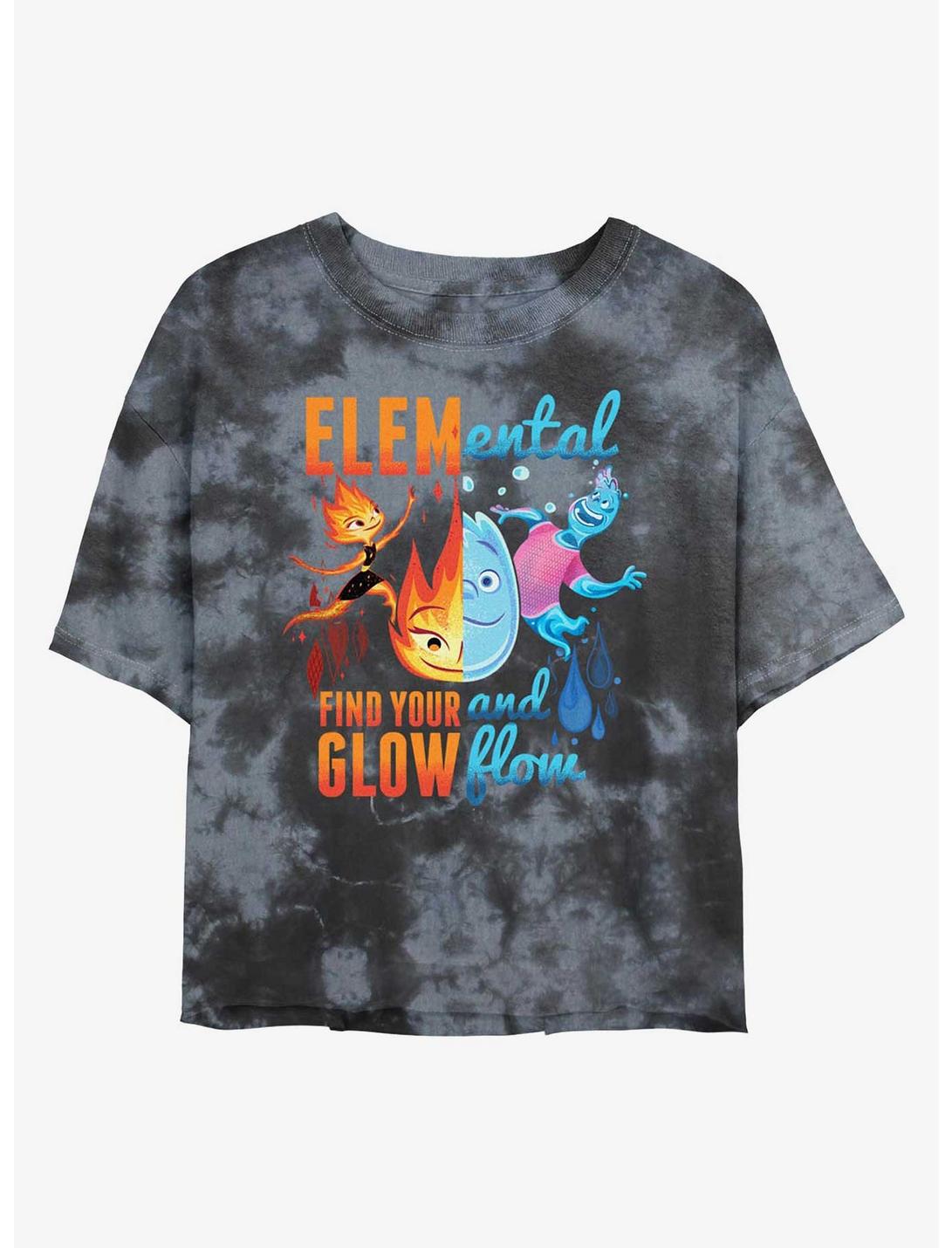 Disney Pixar Elemental Ember and Wade Find Your Glow and Flow Womens Tie-Dye Crop T-Shirt, BLKCHAR, hi-res