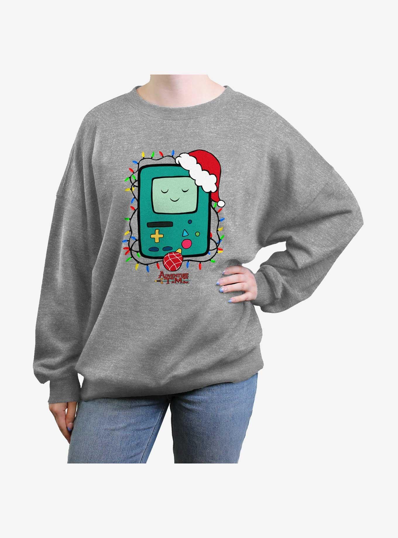 Adventure Time Light Up Santa BMO Girls Oversized Sweatshirt, HEATHER GR, hi-res