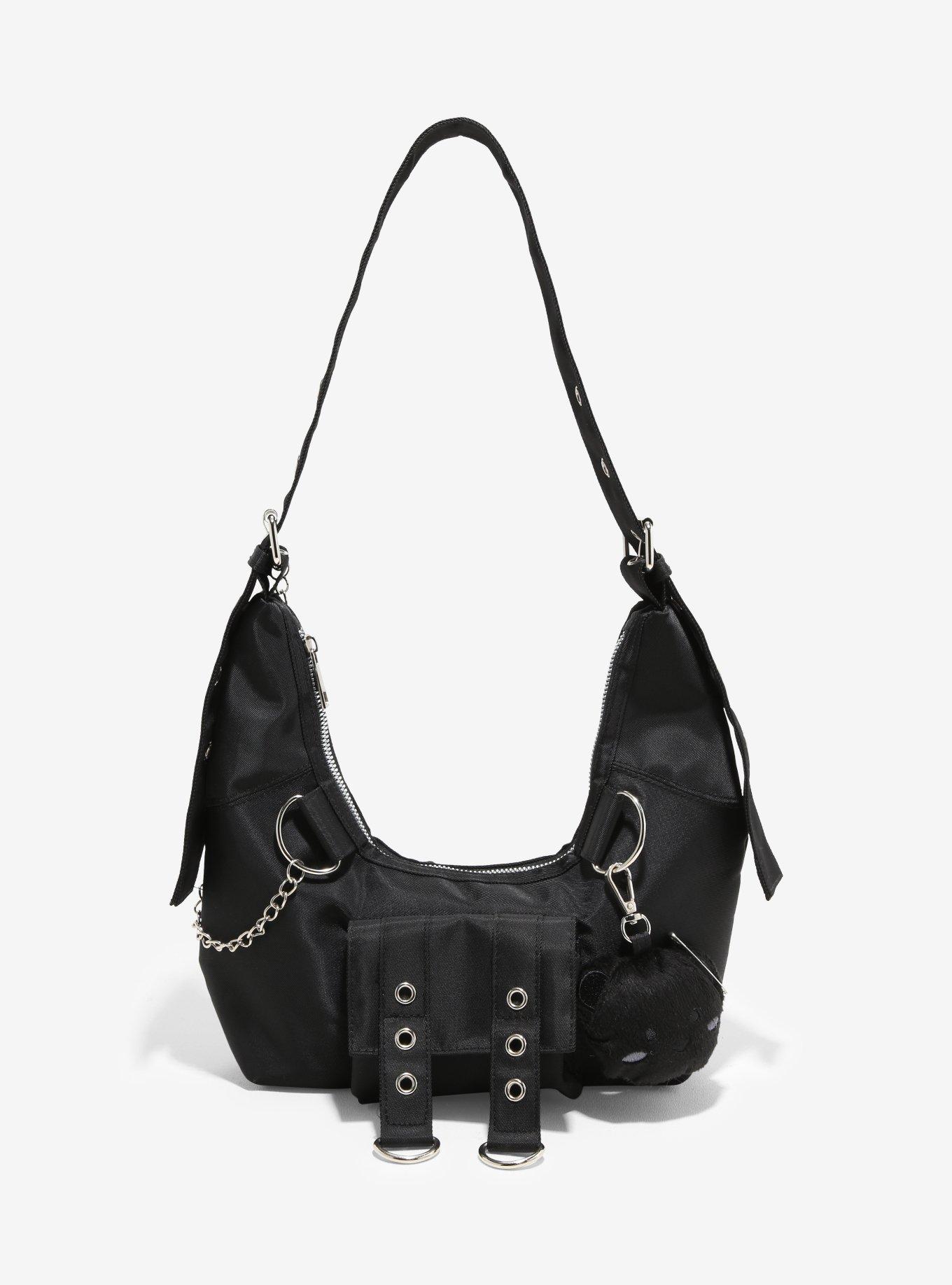 Black Hardware Grommet Bear Plush Shoulder Bag, , hi-res