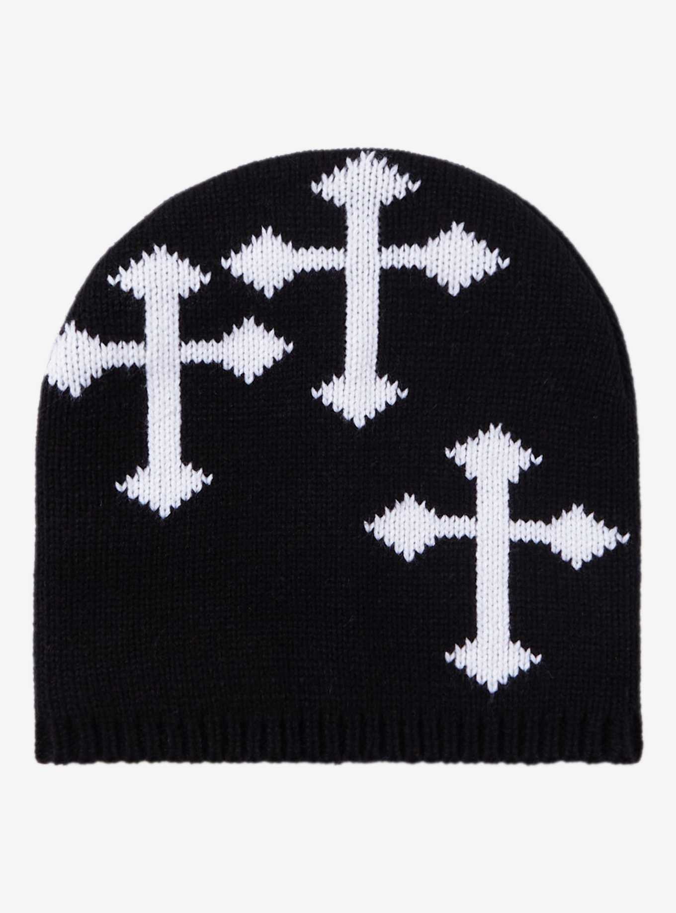 Black & White Gothic Cross Knit Beanie, , hi-res