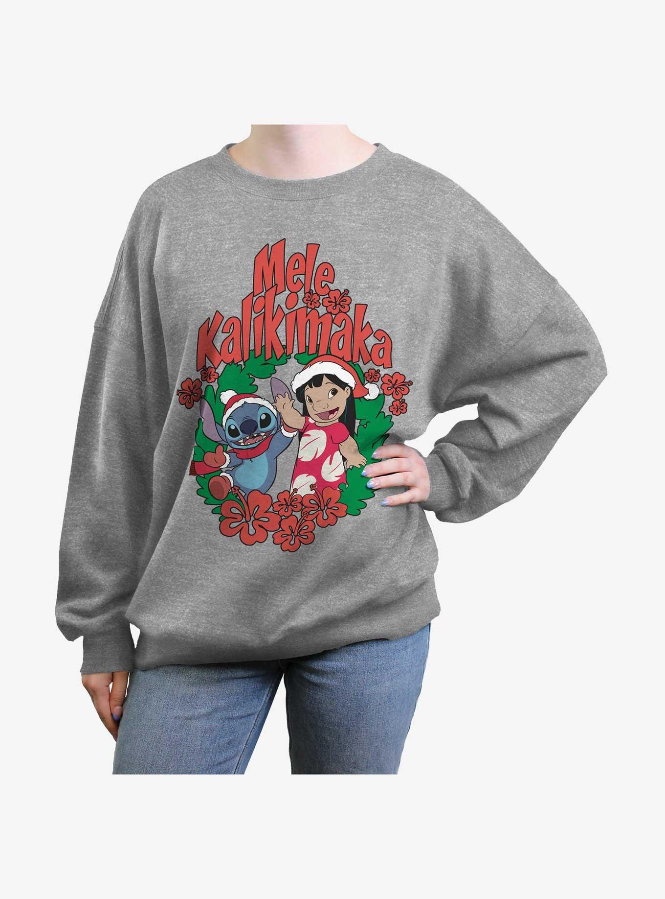 Disney Lilo & Stitch Mele Kalikimaka Merry Christmas Womens Oversized Sweatshirt, HEATHER GR, hi-res