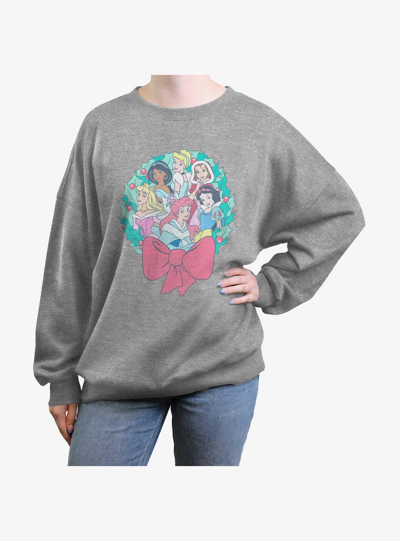 Disney Princesses Holiday Wreath Womens Oversized Sweatshirt, HEATHER GR, hi-res