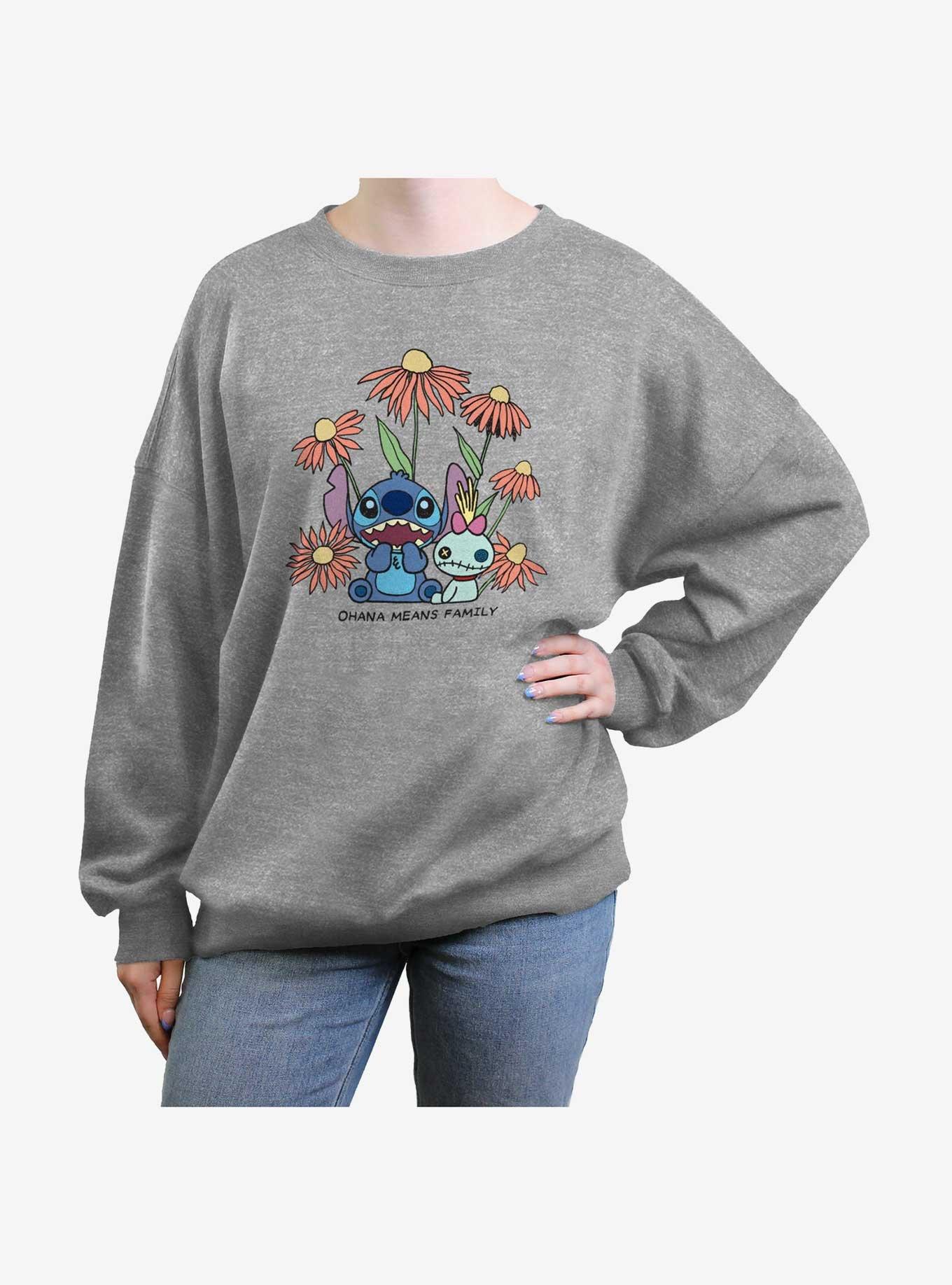 Disney Lilo & Stitch Chibi Floral Womens Oversized Sweatshirt, HEATHER GR, hi-res