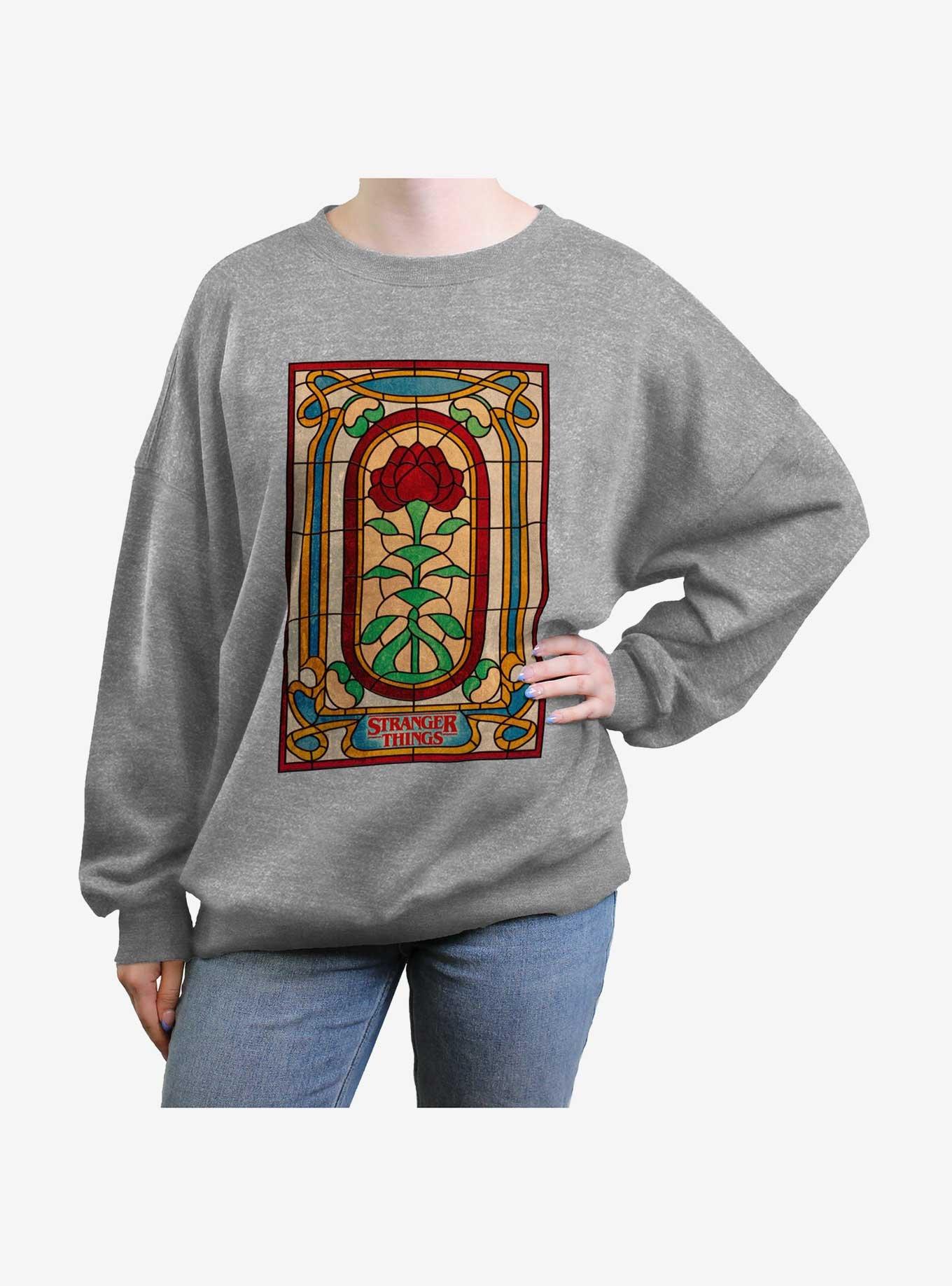 Stranger Things Stained Glass Rose Womens Oversized Sweatshirt, HEATHER GR, hi-res