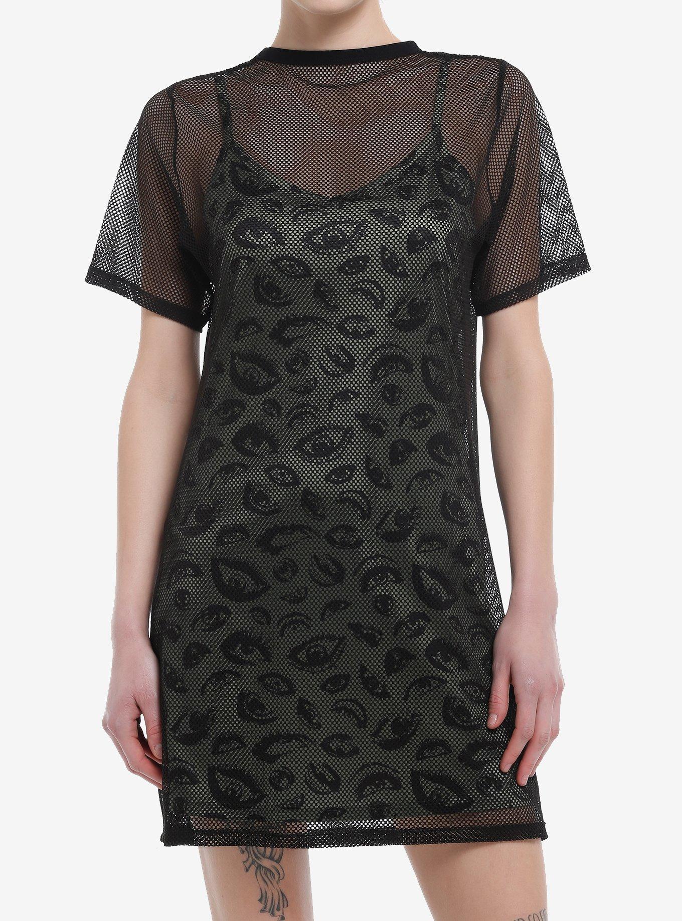 Social Collision Eyes Fishnet Twofer Dress, GREEN, hi-res