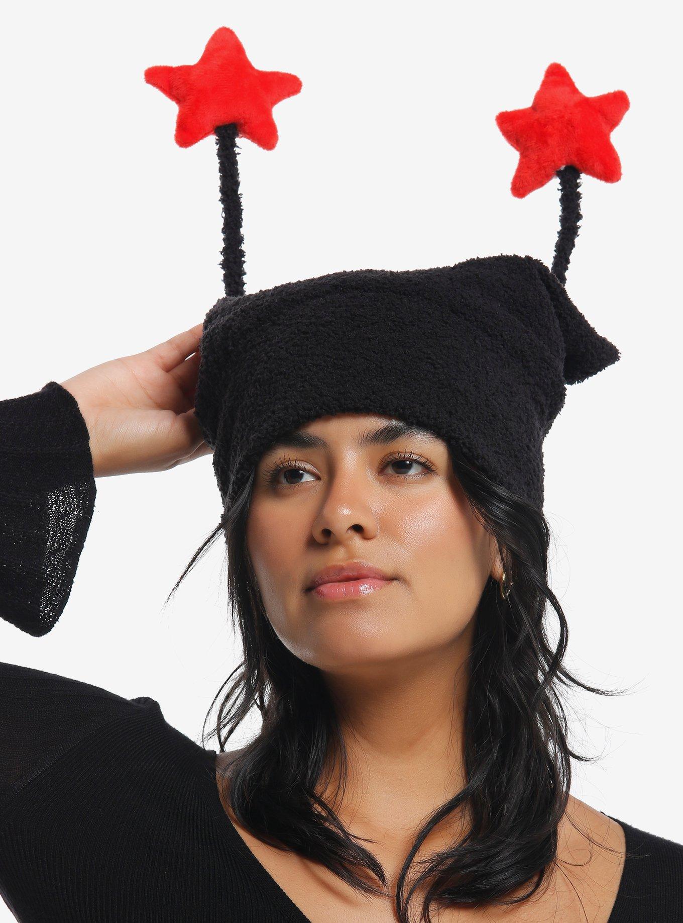 Black & Red Star Plush Antenna Fuzzy Beanie | Hot Topic
