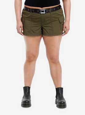 Social Collision Army Green Star Belted Girls Cargo Shorts Plus Size, , hi-res