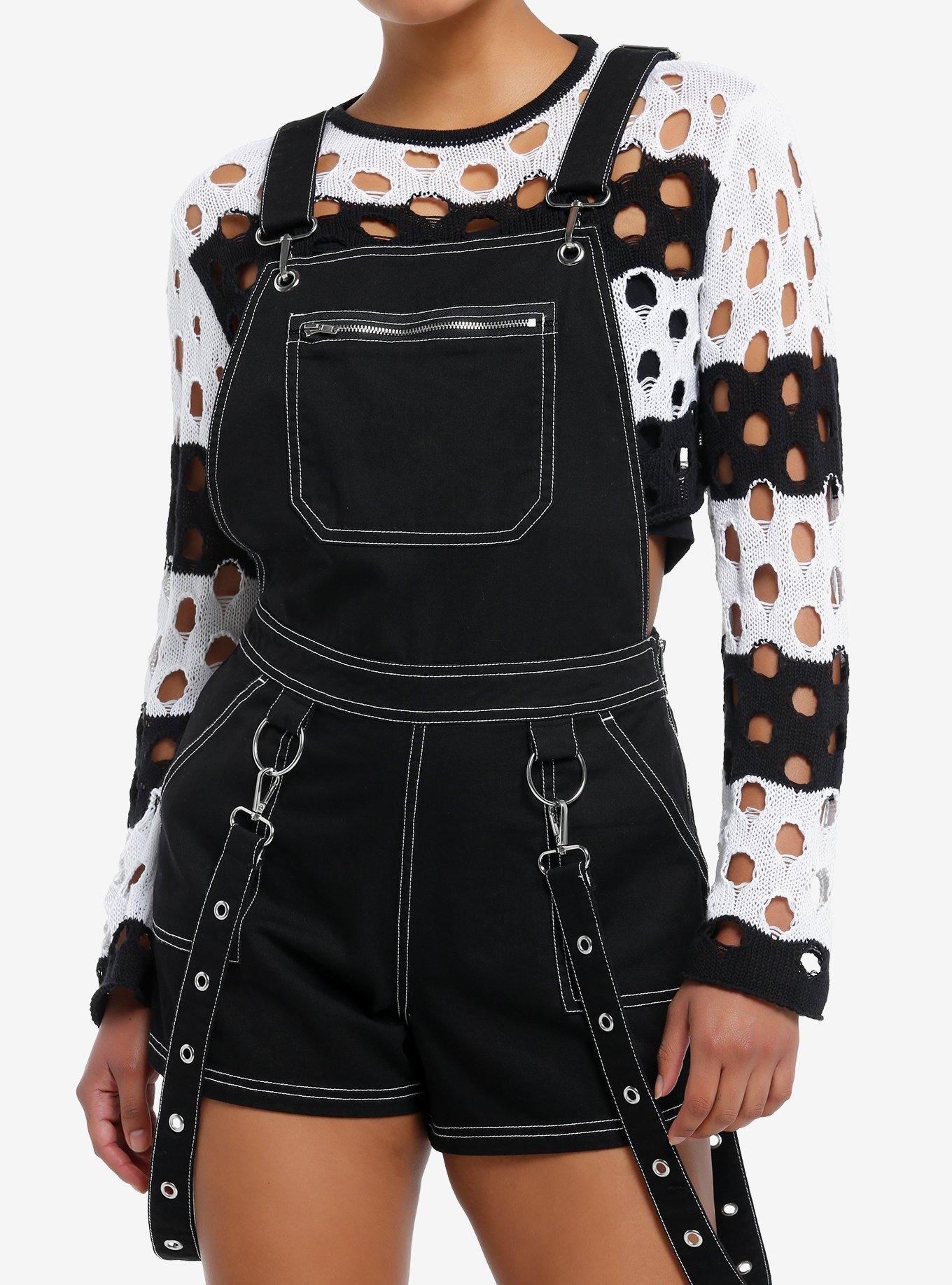 Black & White Contrast Stitch Suspender Shortalls, BLACK, hi-res