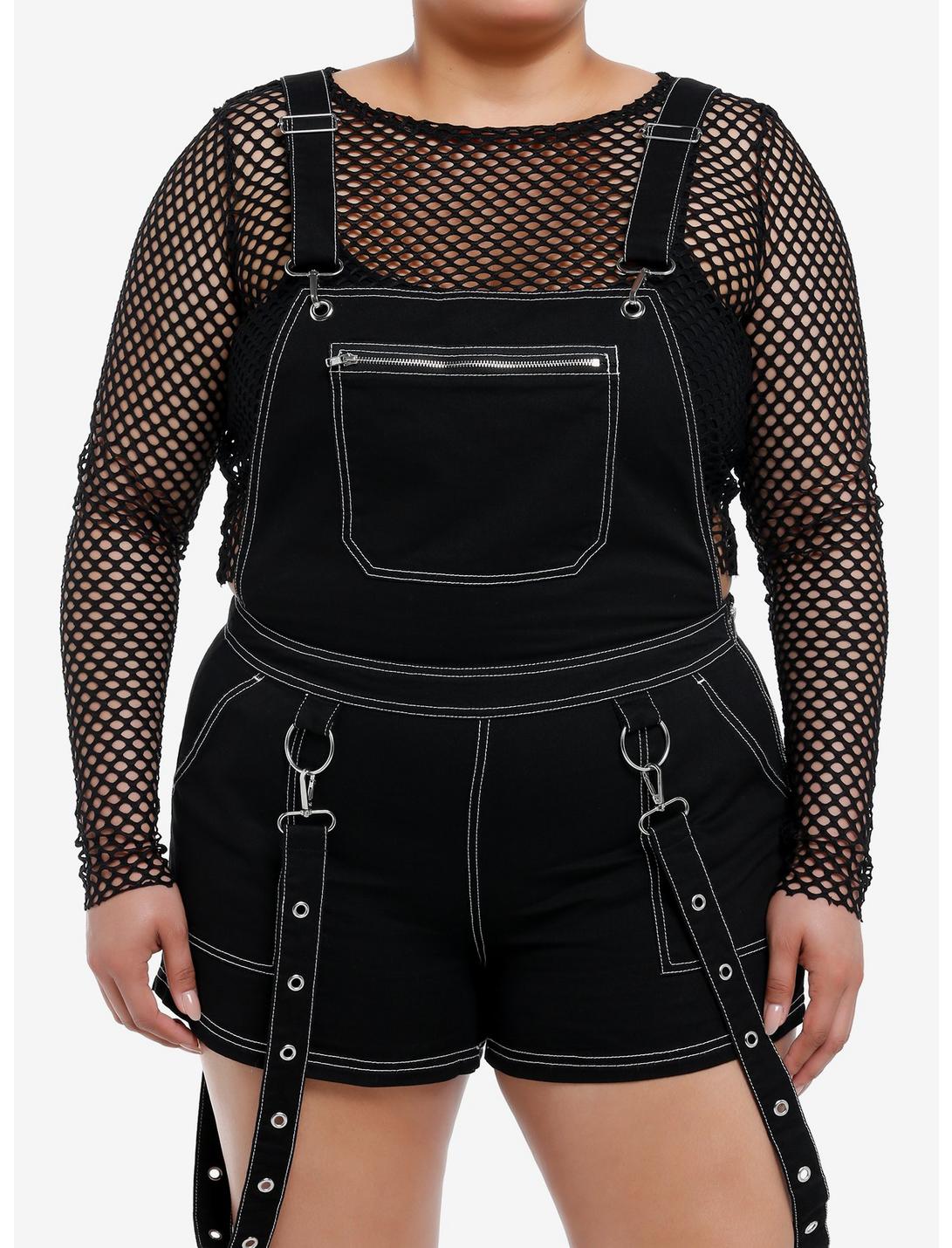 Black & White Contrast Stitch Suspender Shortalls Plus Size, BLACK, hi-res