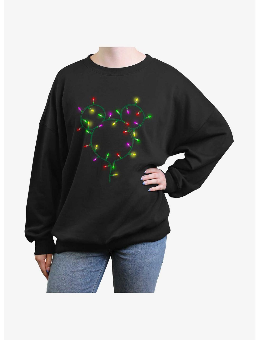 Disney Mickey Mouse Christmas Lights Mouse Womens Oversized Sweatshirt, BLACK, hi-res