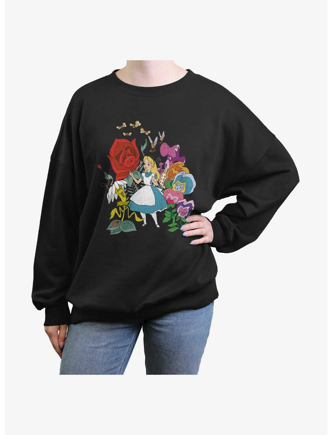 Disney Alice In Wonderland Flower Afternoon Womens Oversized Sweatshirt, BLACK, hi-res
