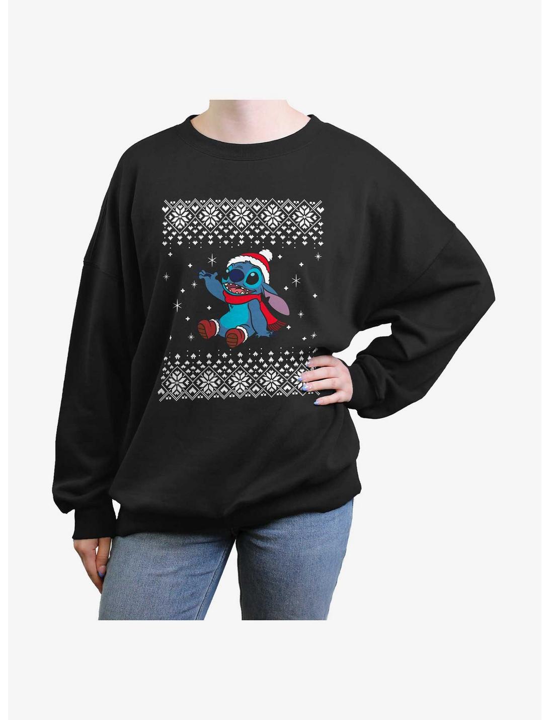 Disney Lilo & Stitch Ugly Christmas Snow Stitch Womens Oversized Sweatshirt, BLACK, hi-res