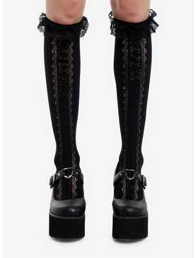 Black Lace Bow Knee-High Socks, , hi-res