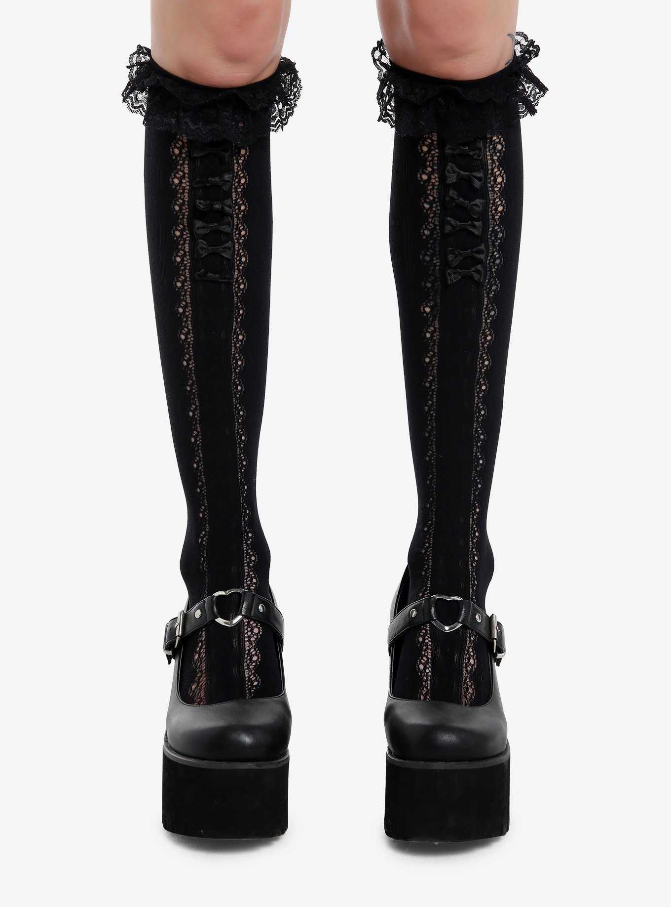 Black Lace Bow Knee-High Socks, , hi-res