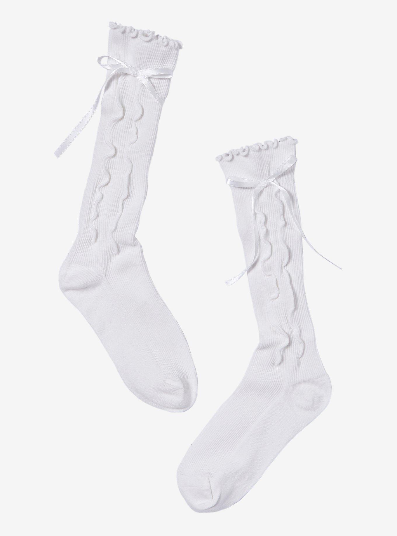 White Lace-Up Lettuce Trim Crew Socks, , hi-res