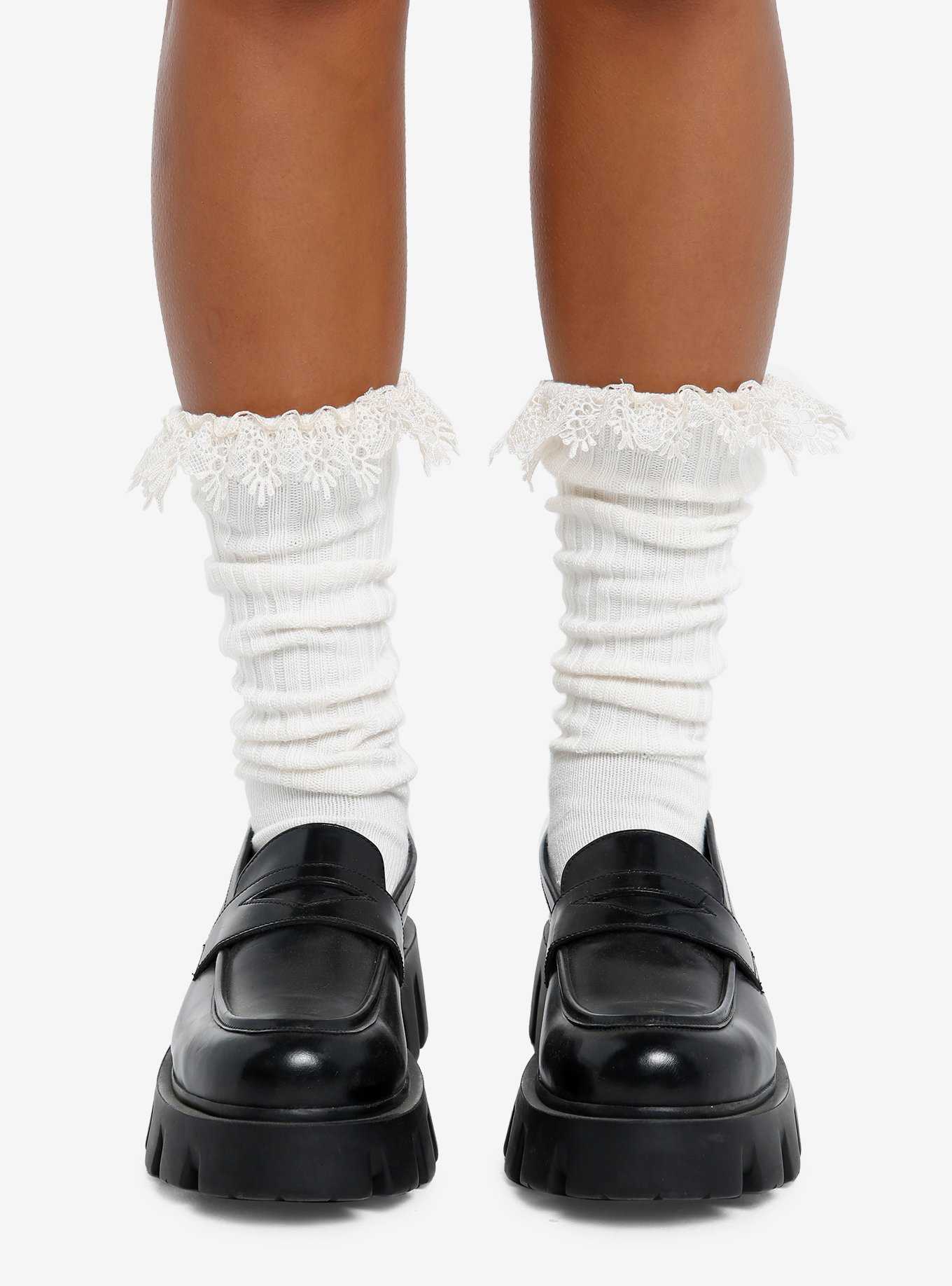 Cream Lace Slouch Knee-High Socks, , hi-res