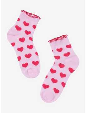 Pink & Red Heart Lettuce Trim Ankle Socks, , hi-res