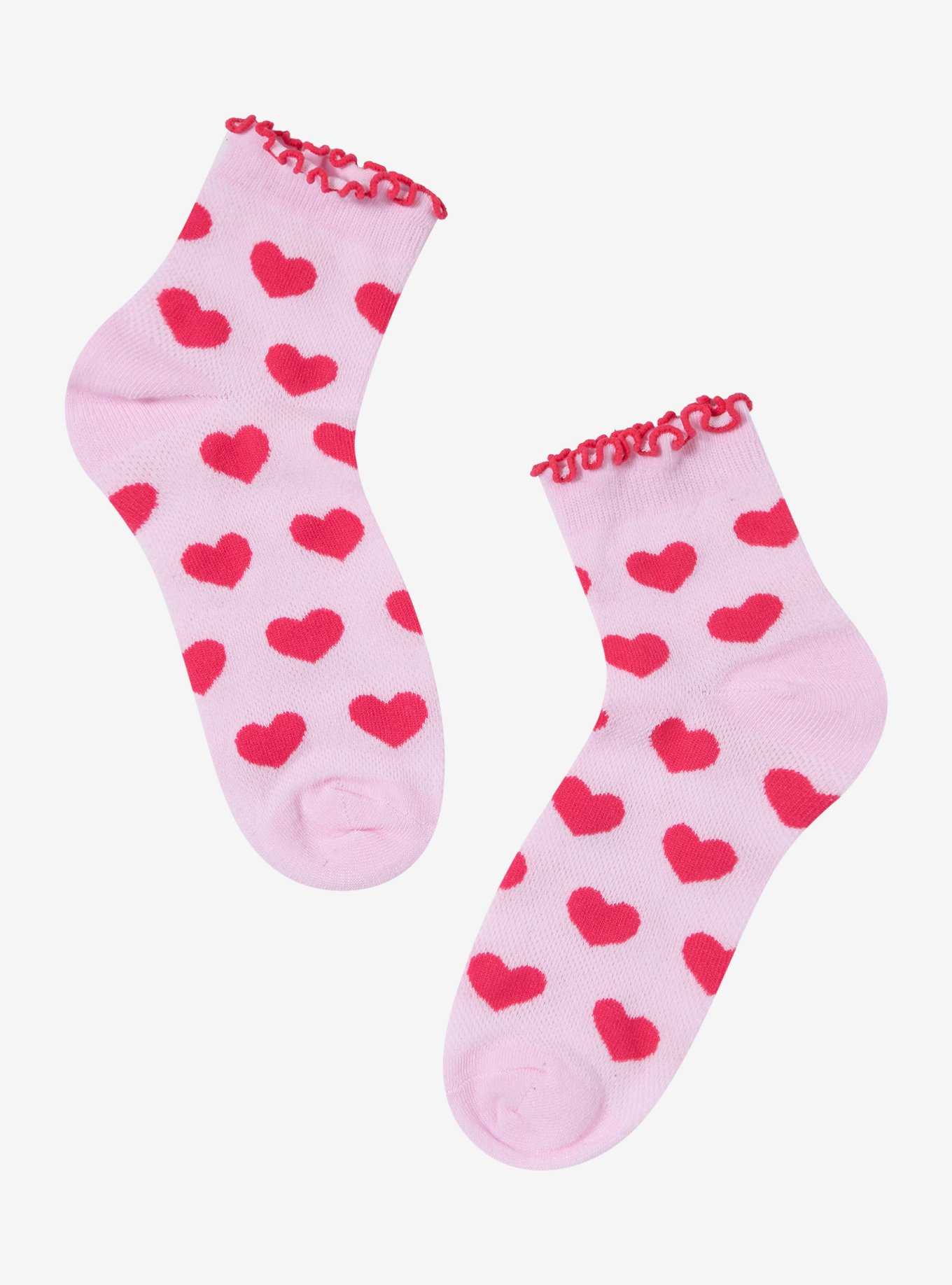 Pink & Red Heart Lettuce Trim Ankle Socks, , hi-res