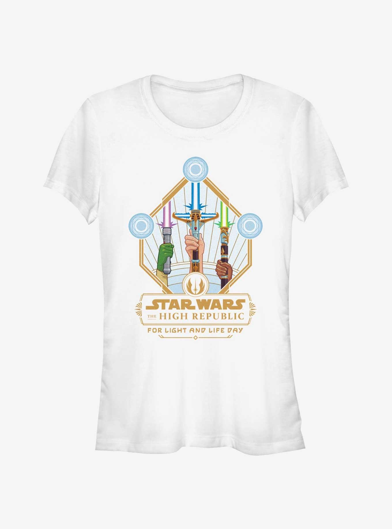Star Wars Life Day Lightsaber Trio Badge Girls T-Shirt, WHITE, hi-res