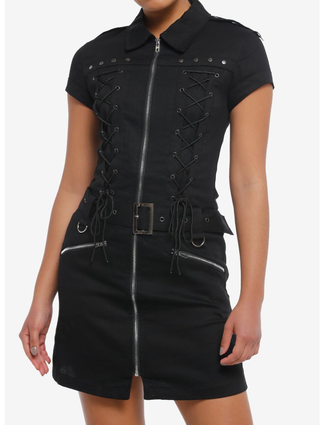 Black Lace-Up Grommet Zipper Dress, BLACK, hi-res