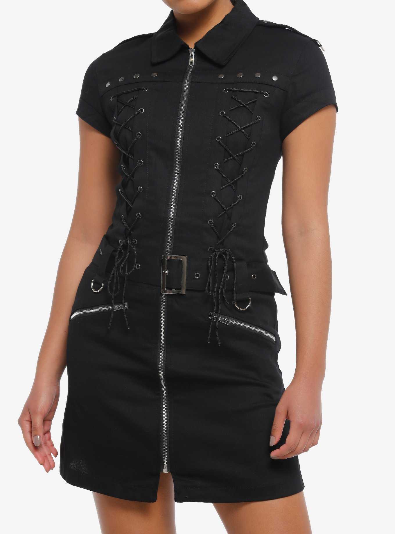 Black Lace-Up Grommet Zipper Dress, , hi-res
