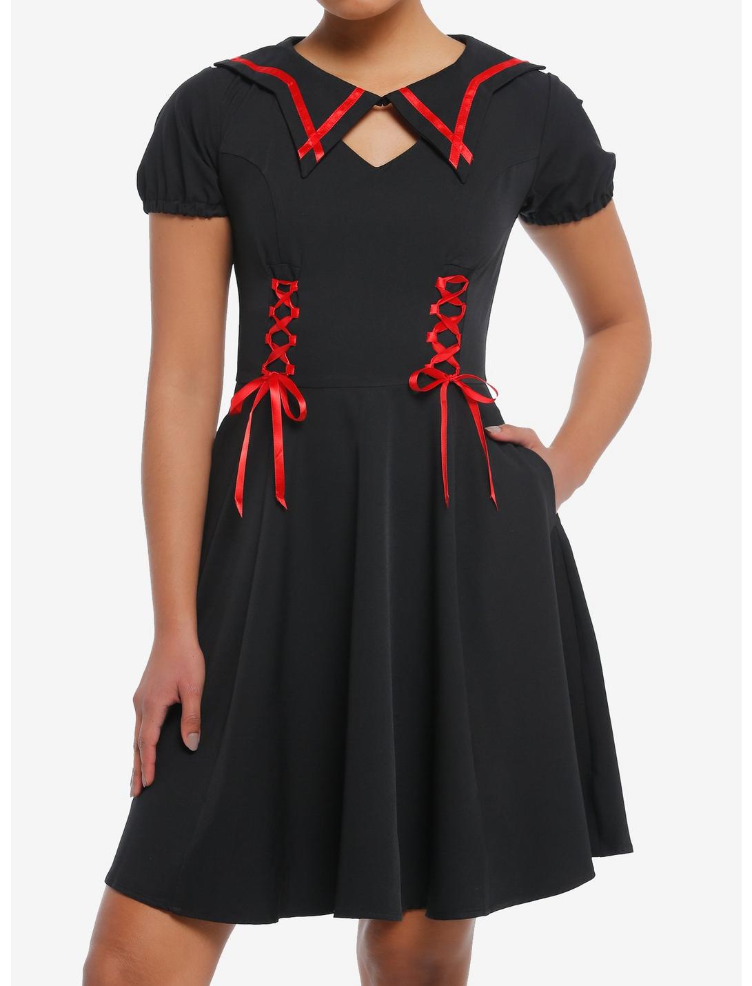 Black & Red Lace-Up Ribbon Skater Dress, RED, hi-res