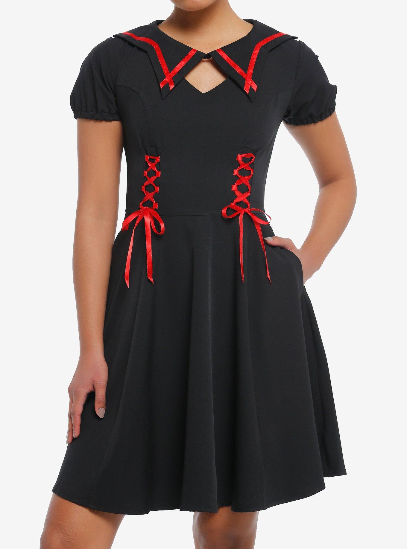 Black & Red Lace-Up Ribbon Skater Dress, RED, hi-res