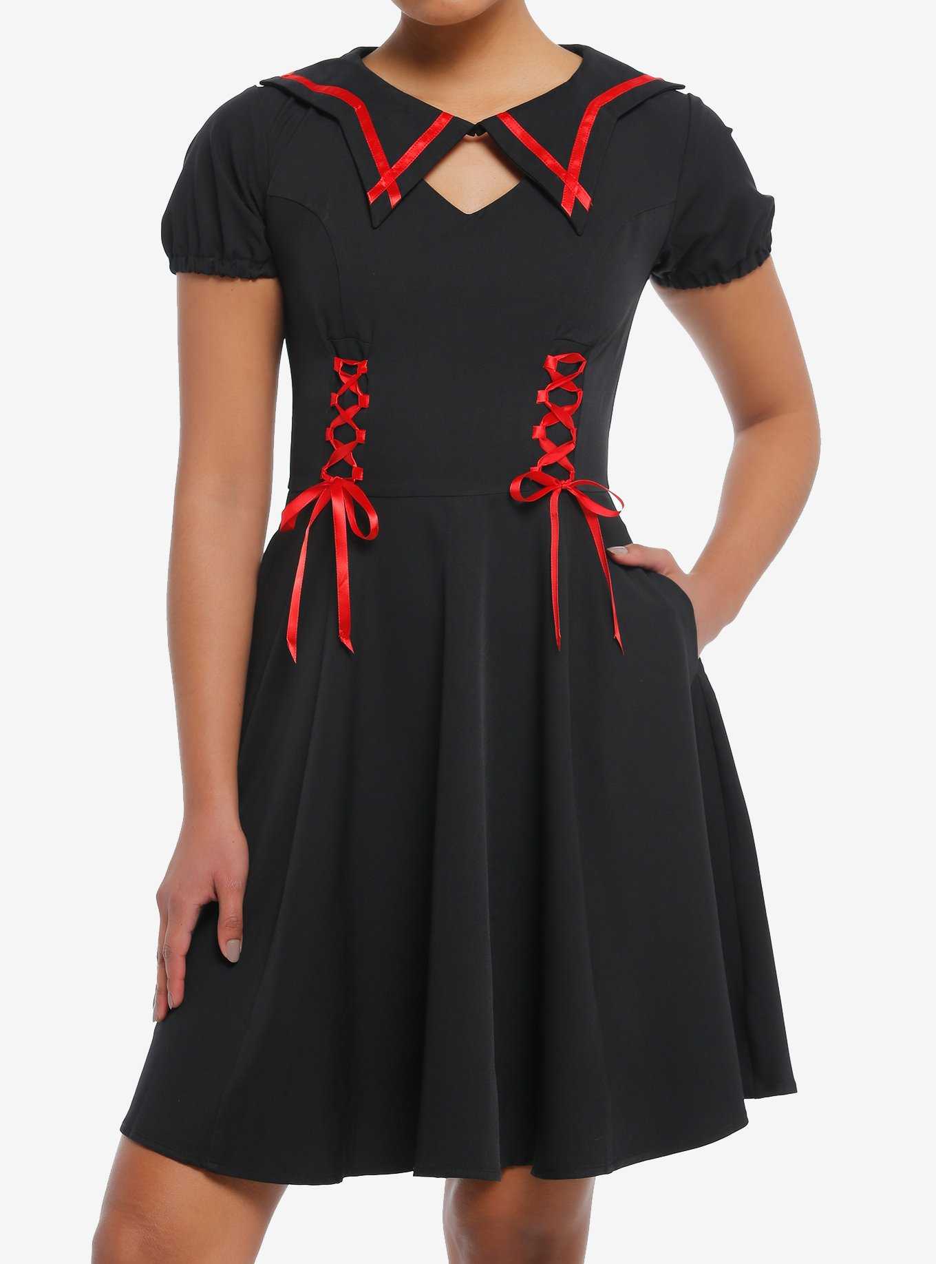 Black & Red Lace-Up Ribbon Skater Dress, , hi-res