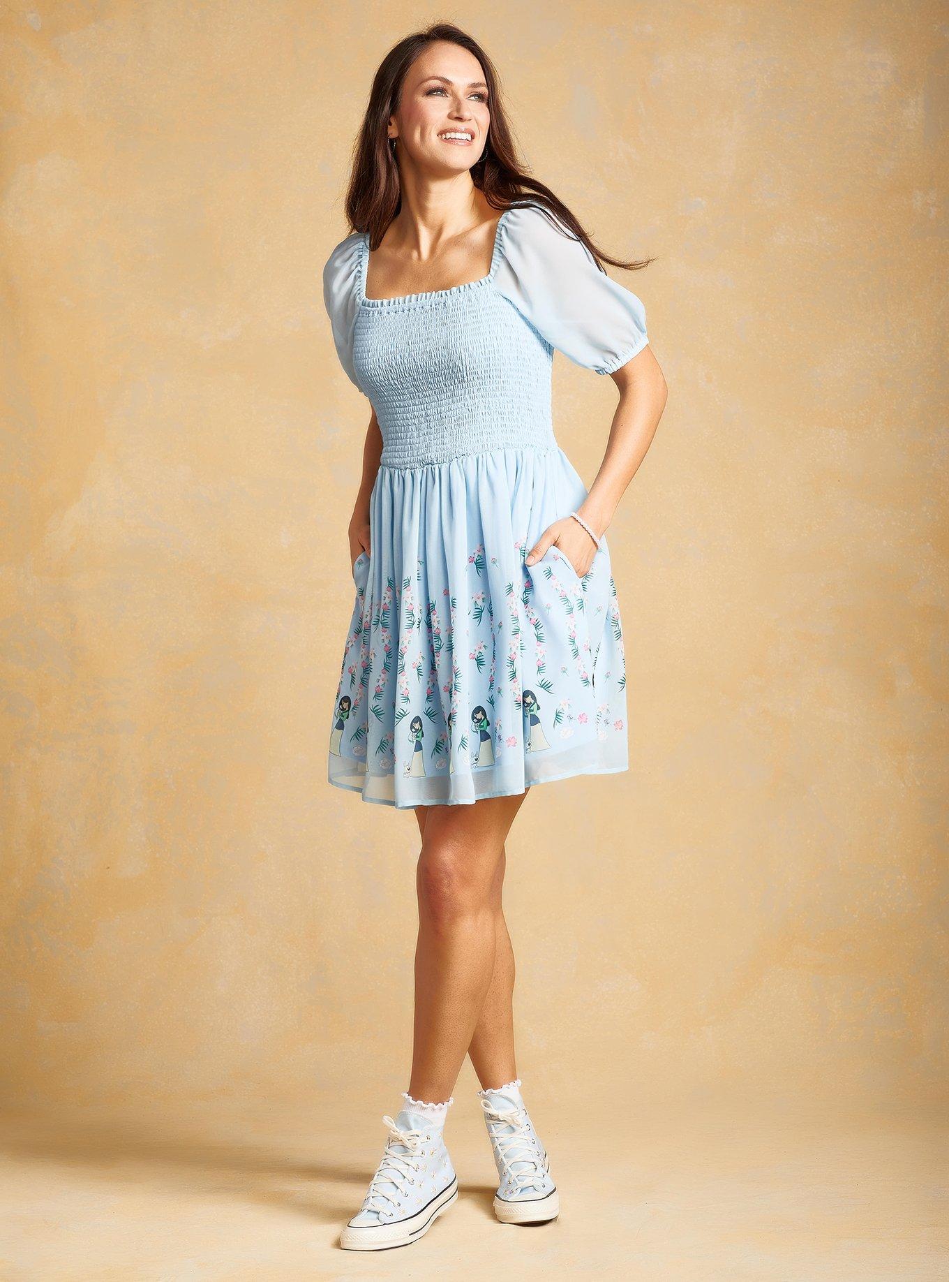 Disney Mulan Puff Sleeve Smock Dress — BoxLunch Exclusive, LIGHT BLUE, hi-res