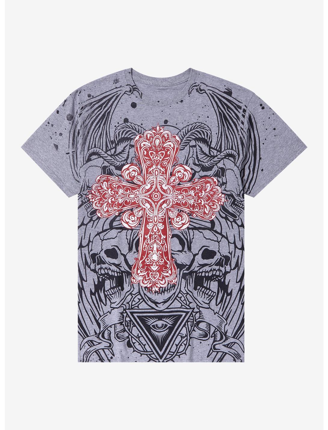 Ornate Cross Skull Demon T-Shirt, MULTI, hi-res