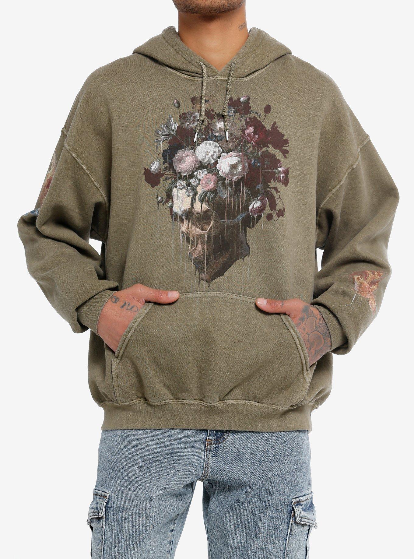 Thorn & Fable&trade; Flower Skull Hoodie, OLIVE, hi-res