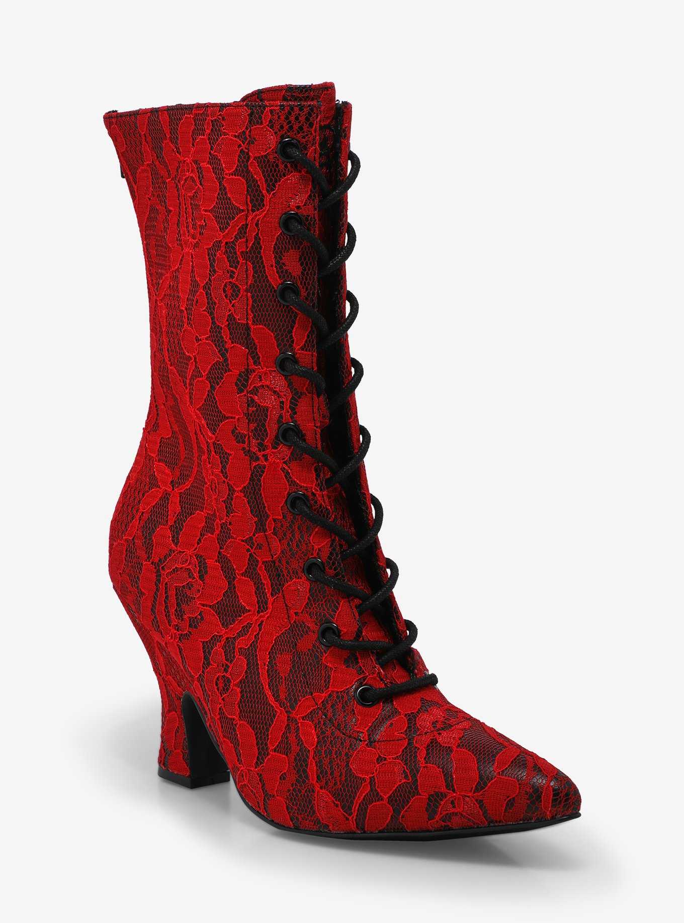 Strange Cvlt Victoria Red Lace Heel Boots, , hi-res