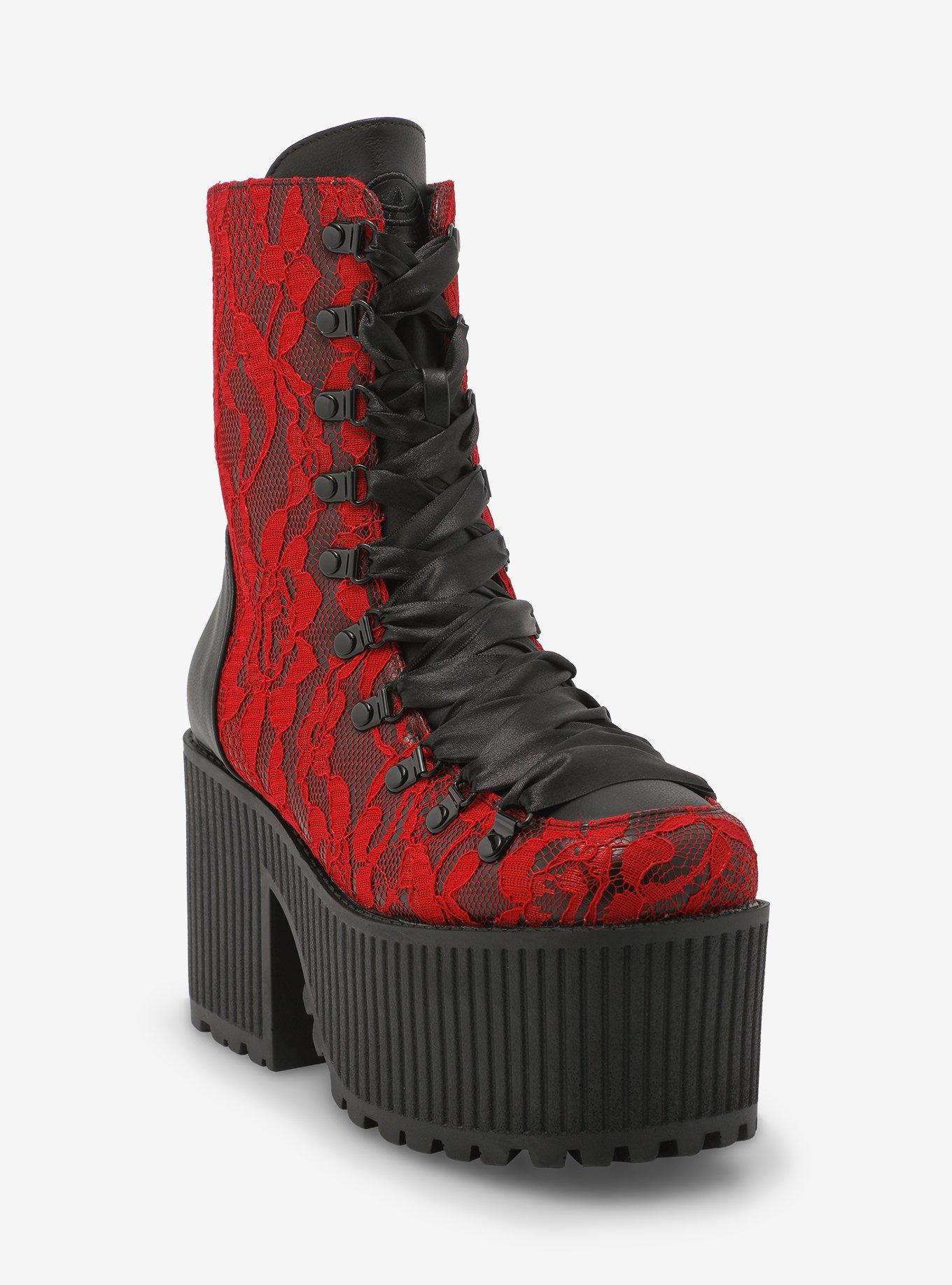 Strange Cvlt Pandora Red Lace Platform Boots, , hi-res