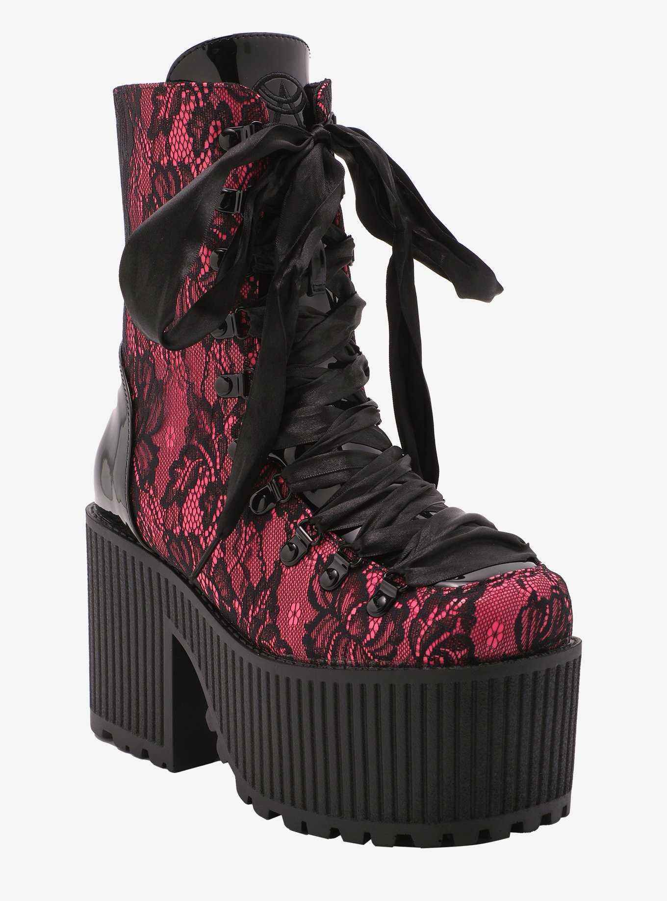 Strange Cvlt Pandora Pink & Black Lace Platform Boots, , hi-res