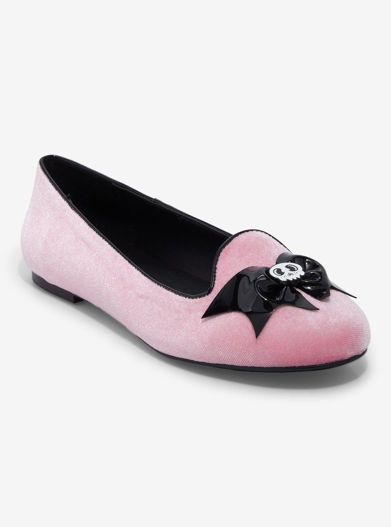 Strange Cvlt Skull Bow Pink Velvet Flats