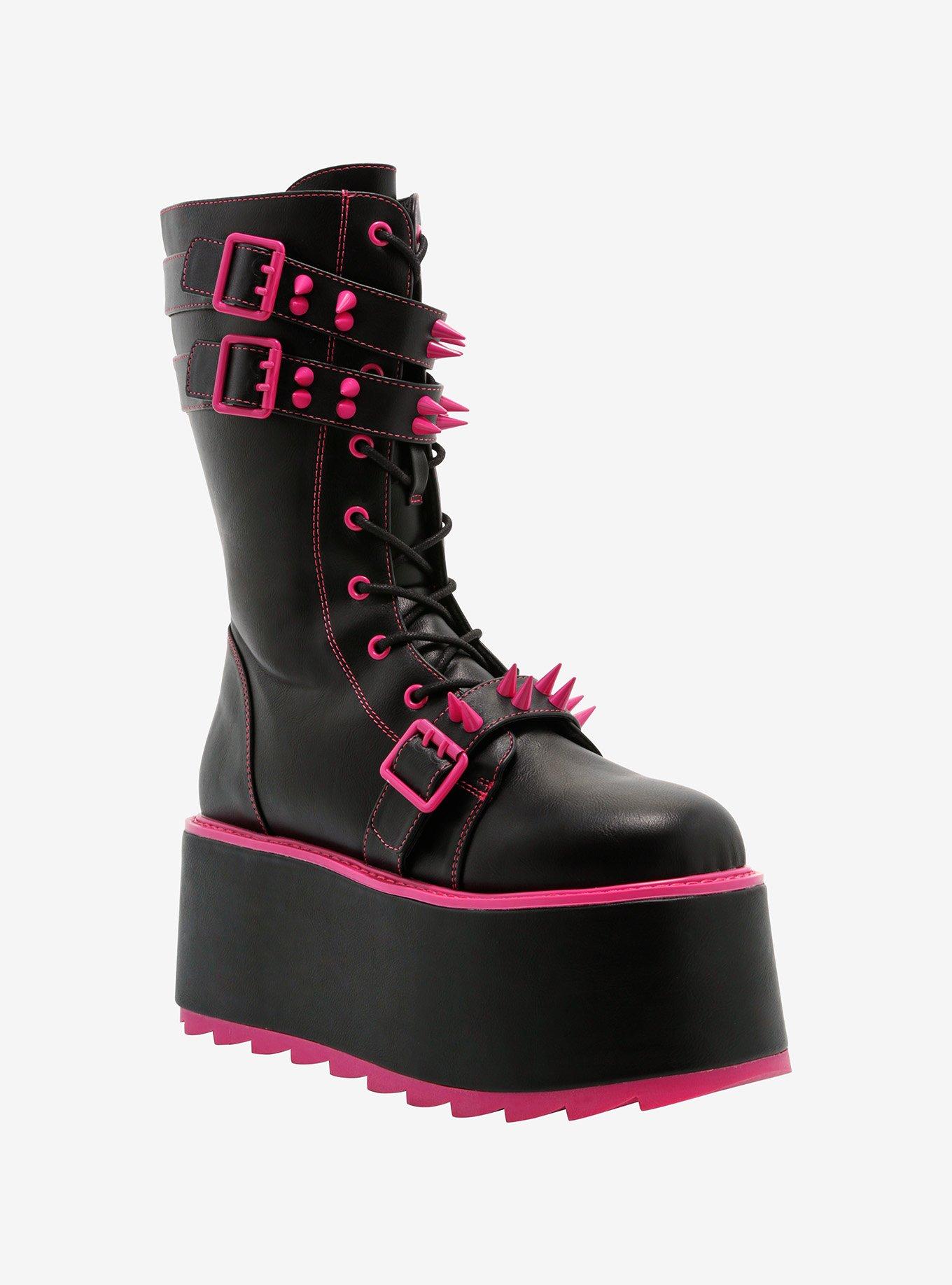 YRU Black & Fuschia Trance Platform Boots, , hi-res