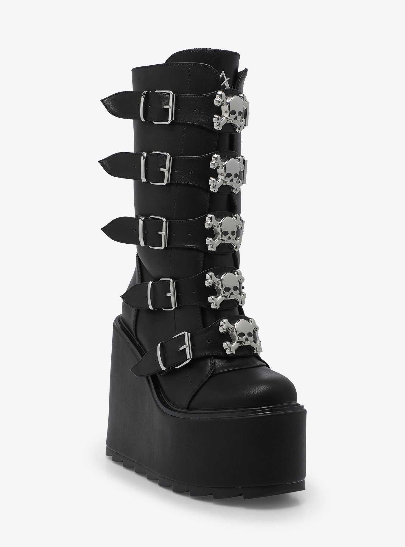 YRU Black & Silver Skull Platform Boots, , hi-res