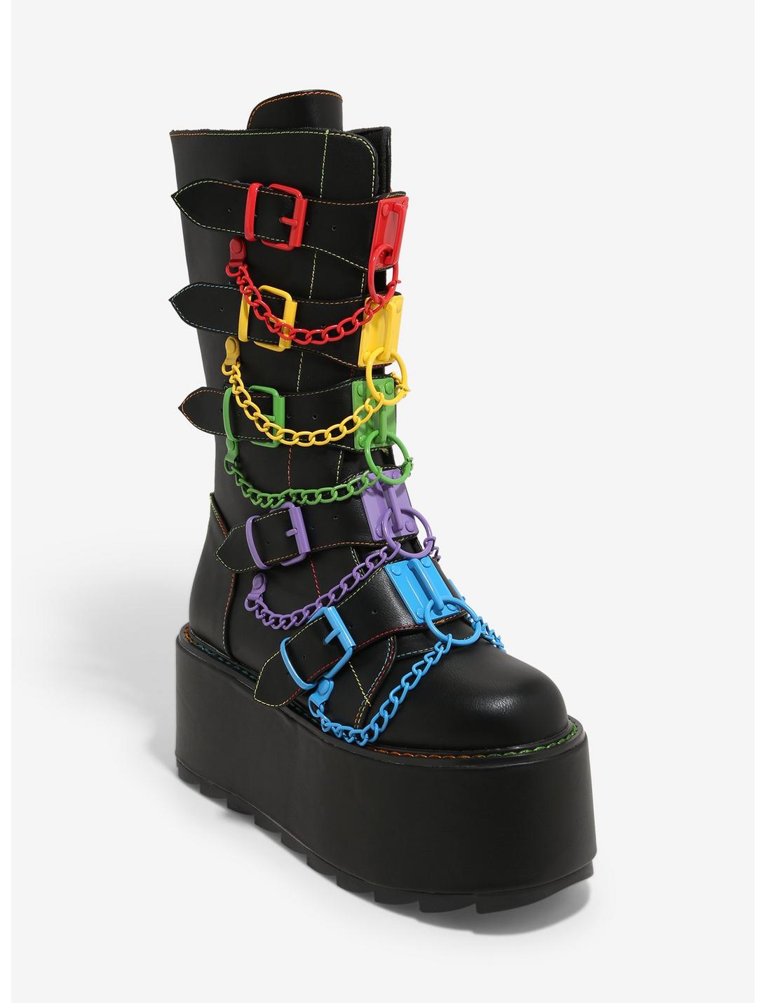 YRU Black Glitch Rainbow Buckle Chain Platform Boots, MULTI, hi-res