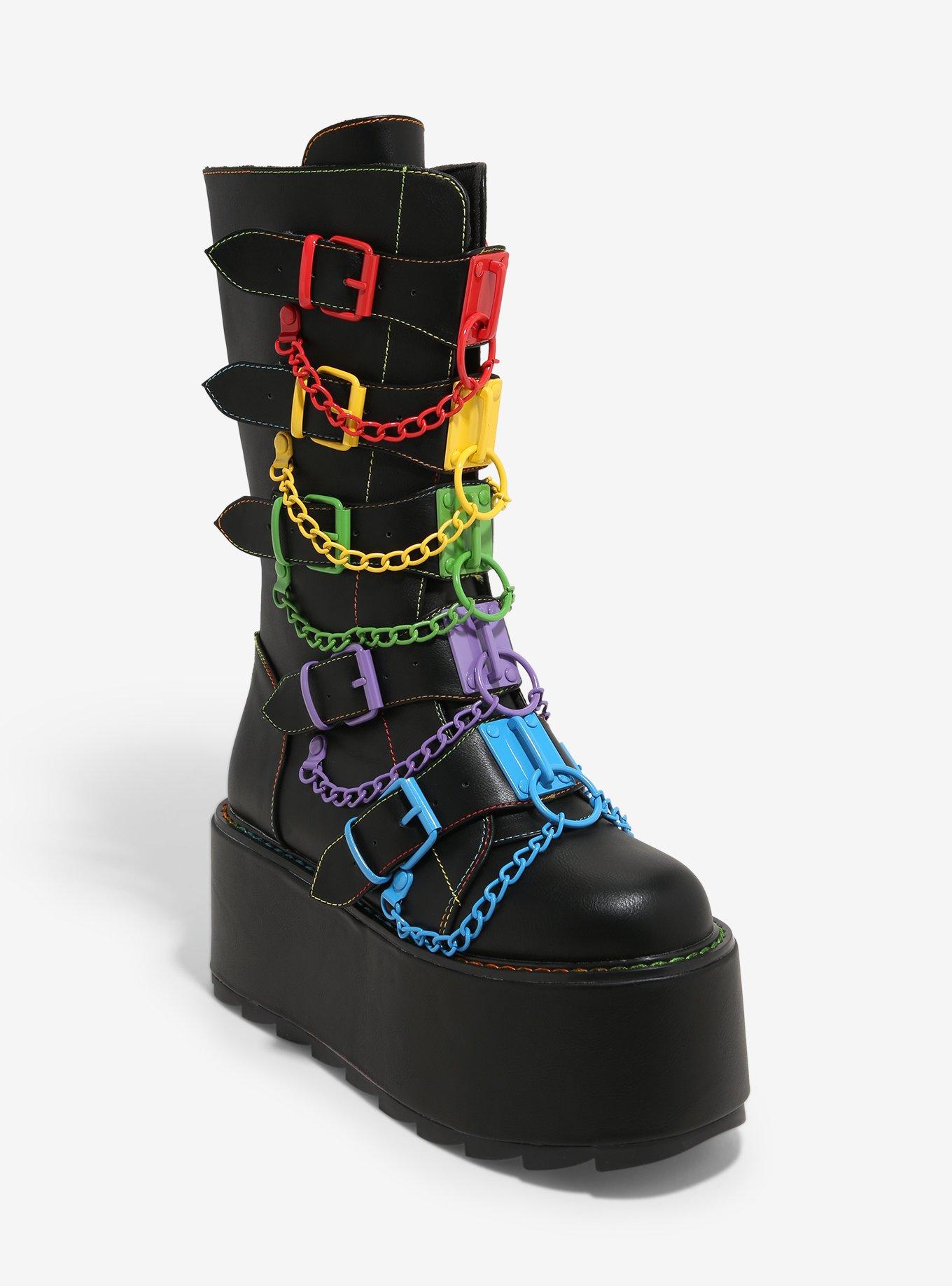 YRU Black Glitch Rainbow Buckle Chain Platform Boots