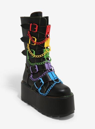 YRU Black Glitch Rainbow Buckle Chain Platform Boots Hot Topic