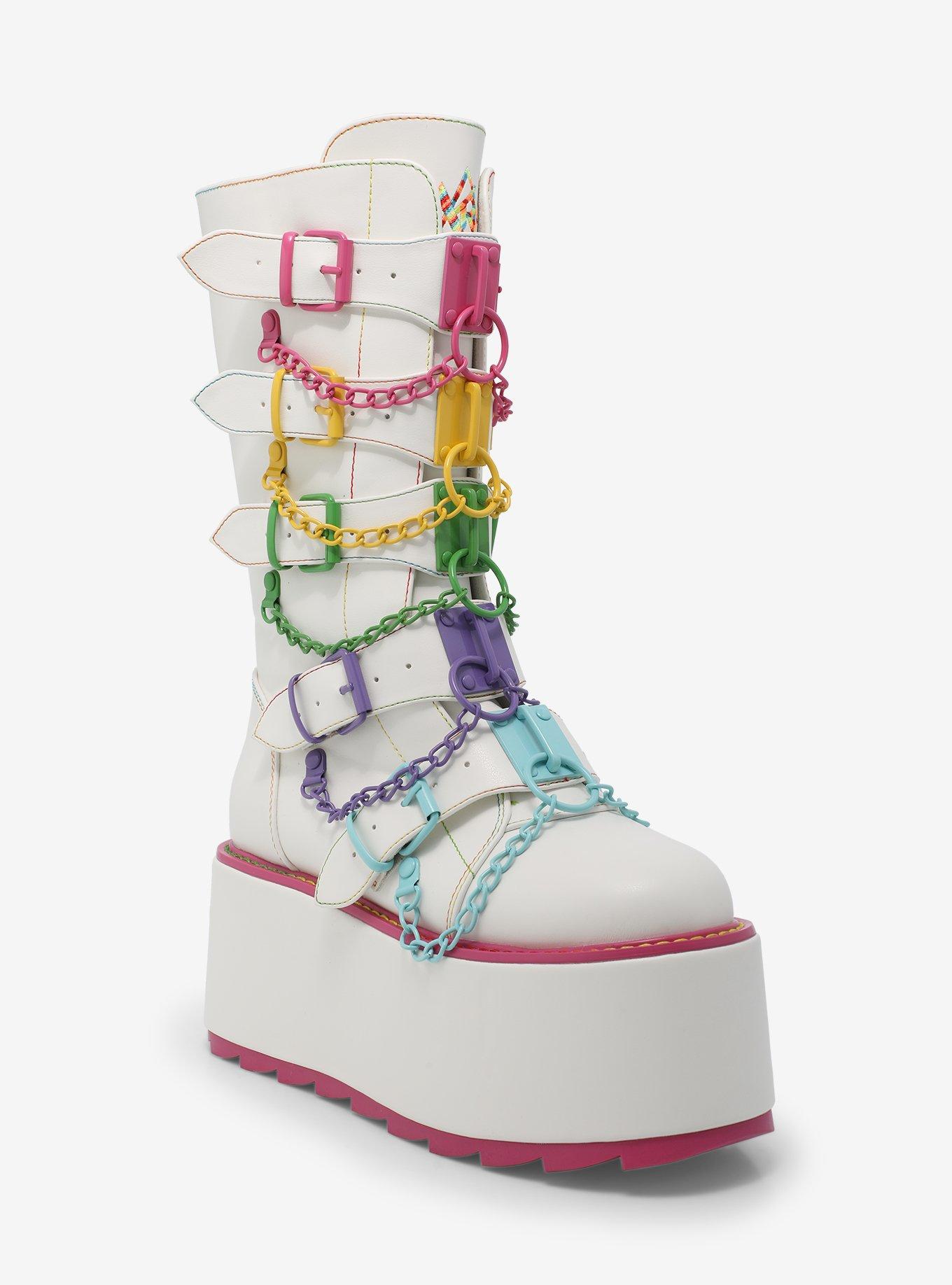 YRU Glitch White & Colorful Chain Platform Boots, , hi-res