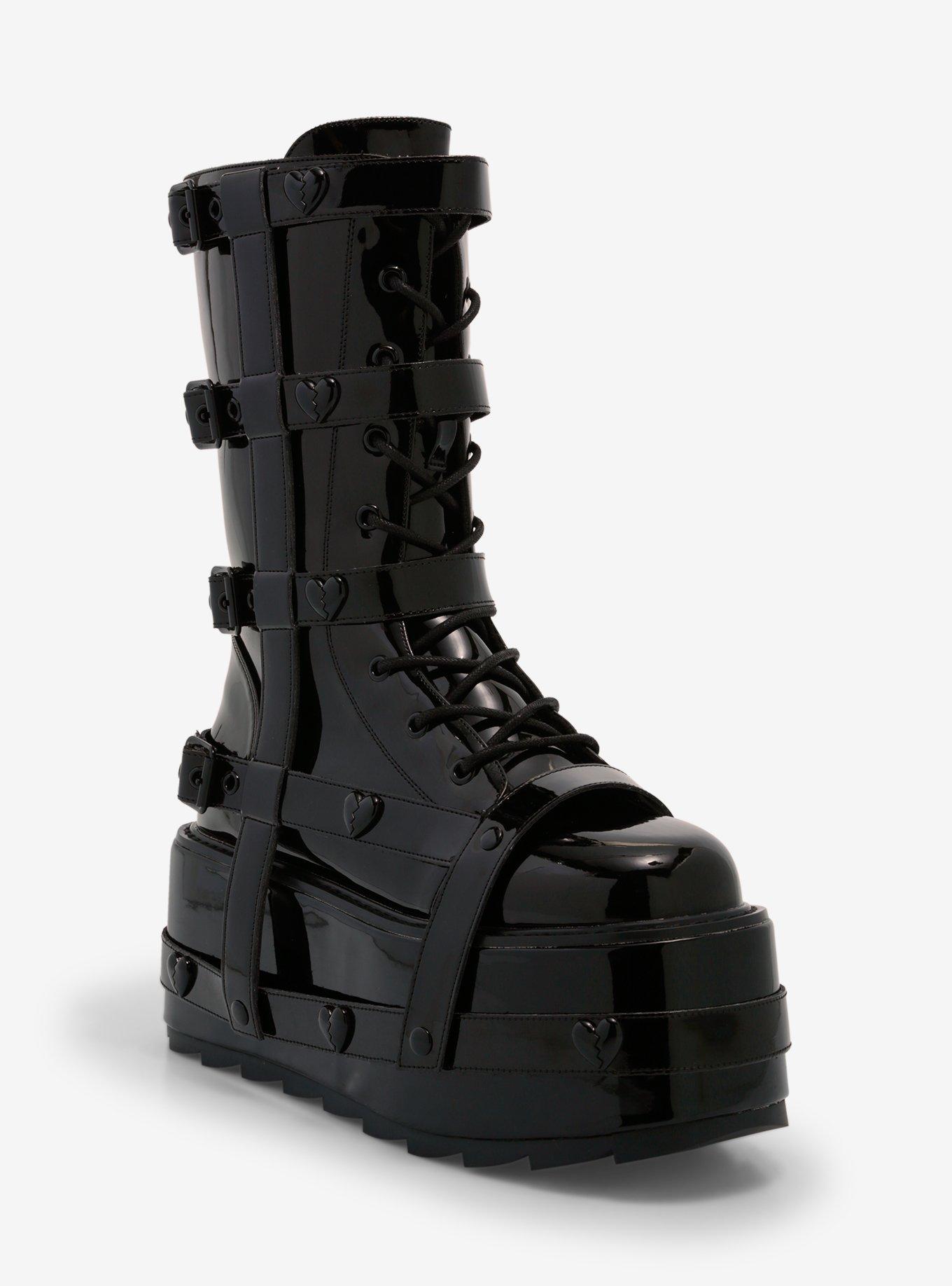 YRU Black Patent Heart Harness Platform Boots | Hot Topic