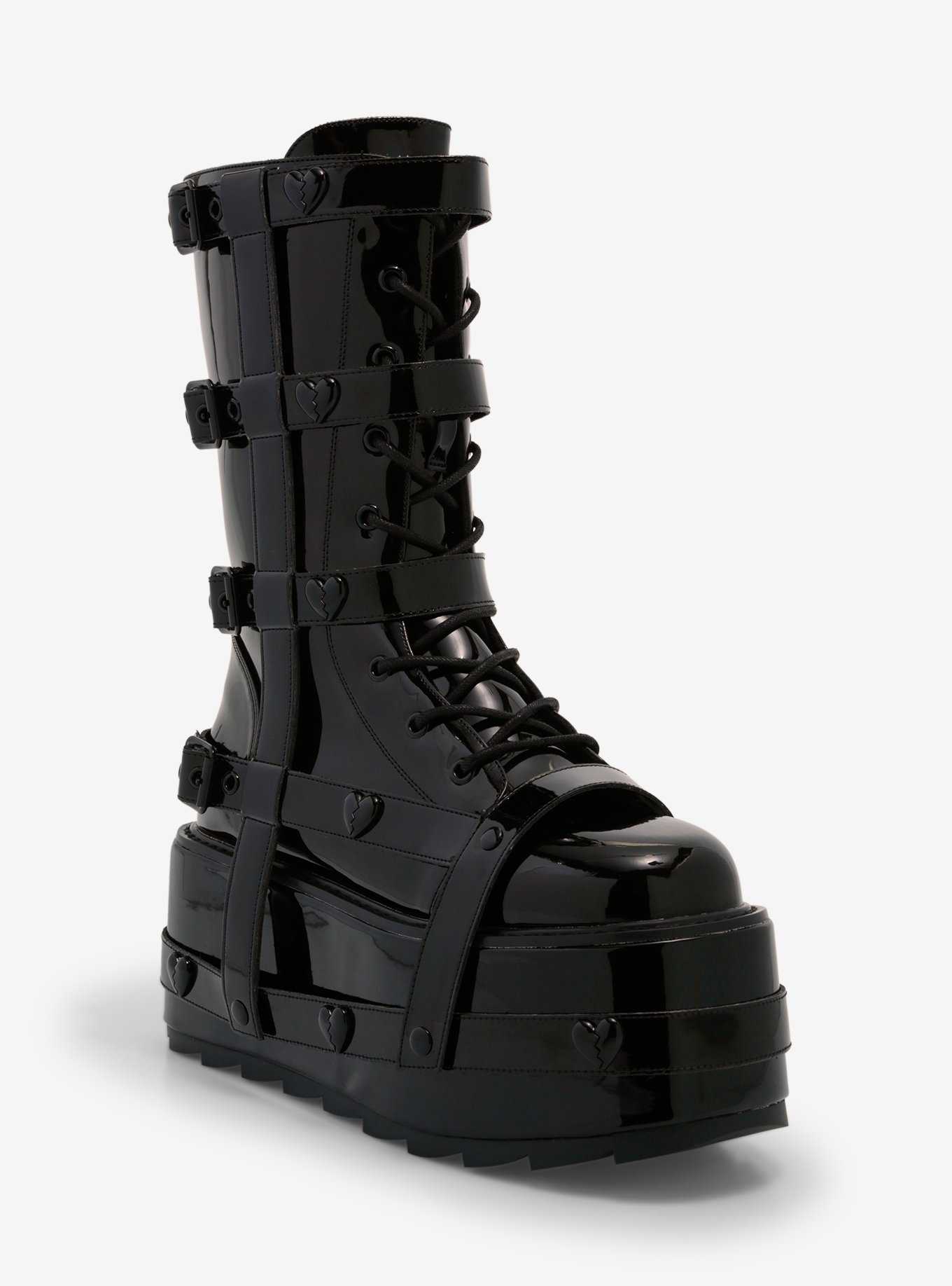 YRU Black Patent Heart Harness Platform Boots, , hi-res