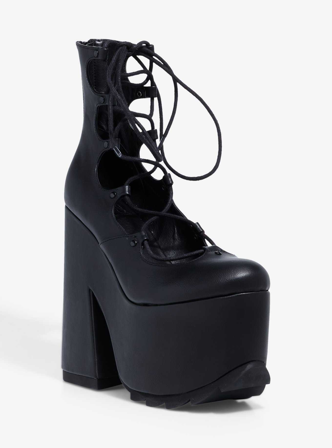 YRU Black Lace-Up Platform Heels, , hi-res