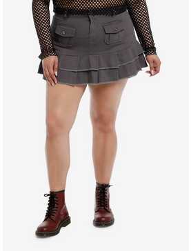 Grey Cargo Tiered Pleated Skirt Plus Size, , hi-res