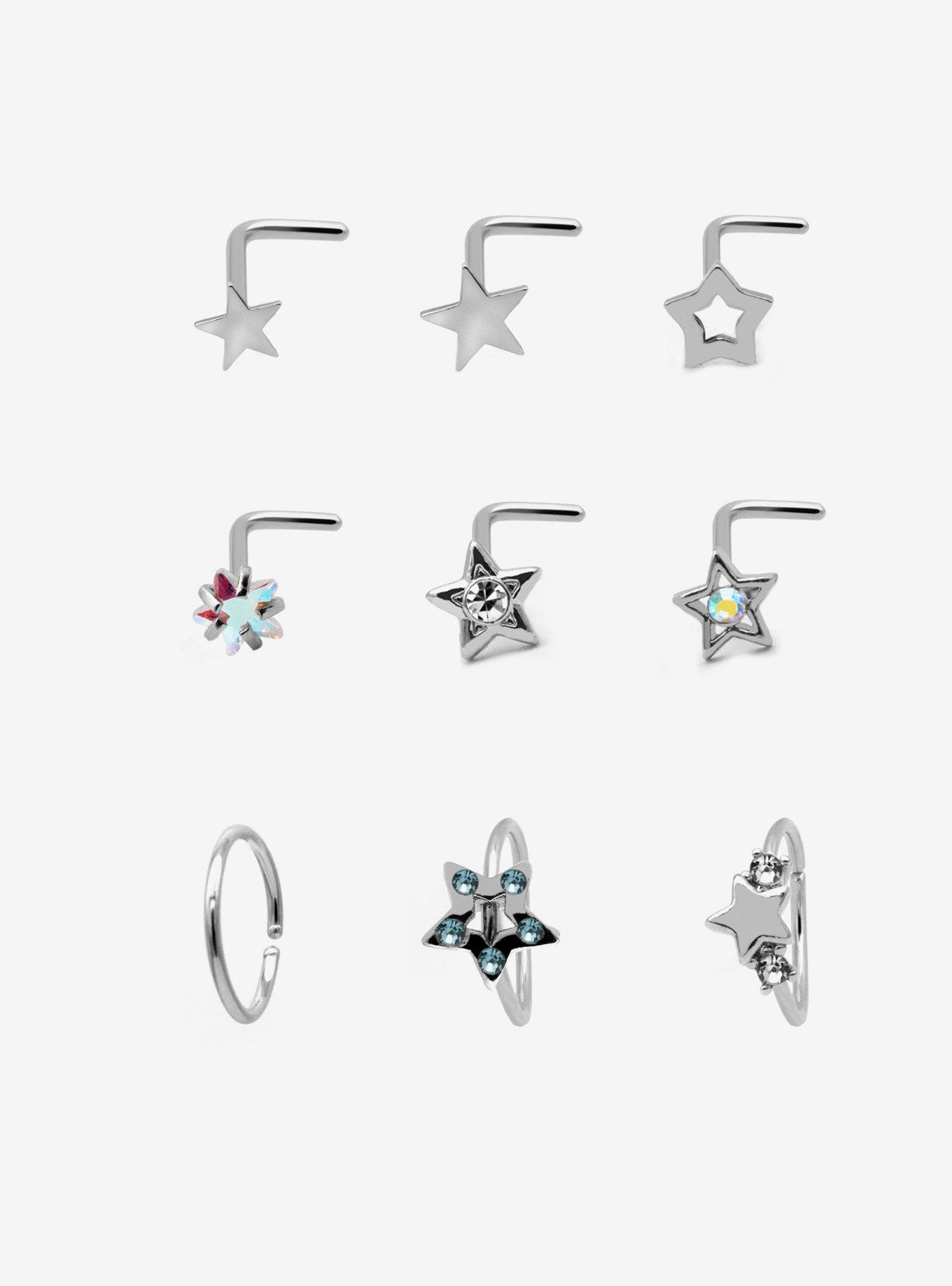 Steel Silver Star Nose Stud & Hoop 9 Pack, , hi-res