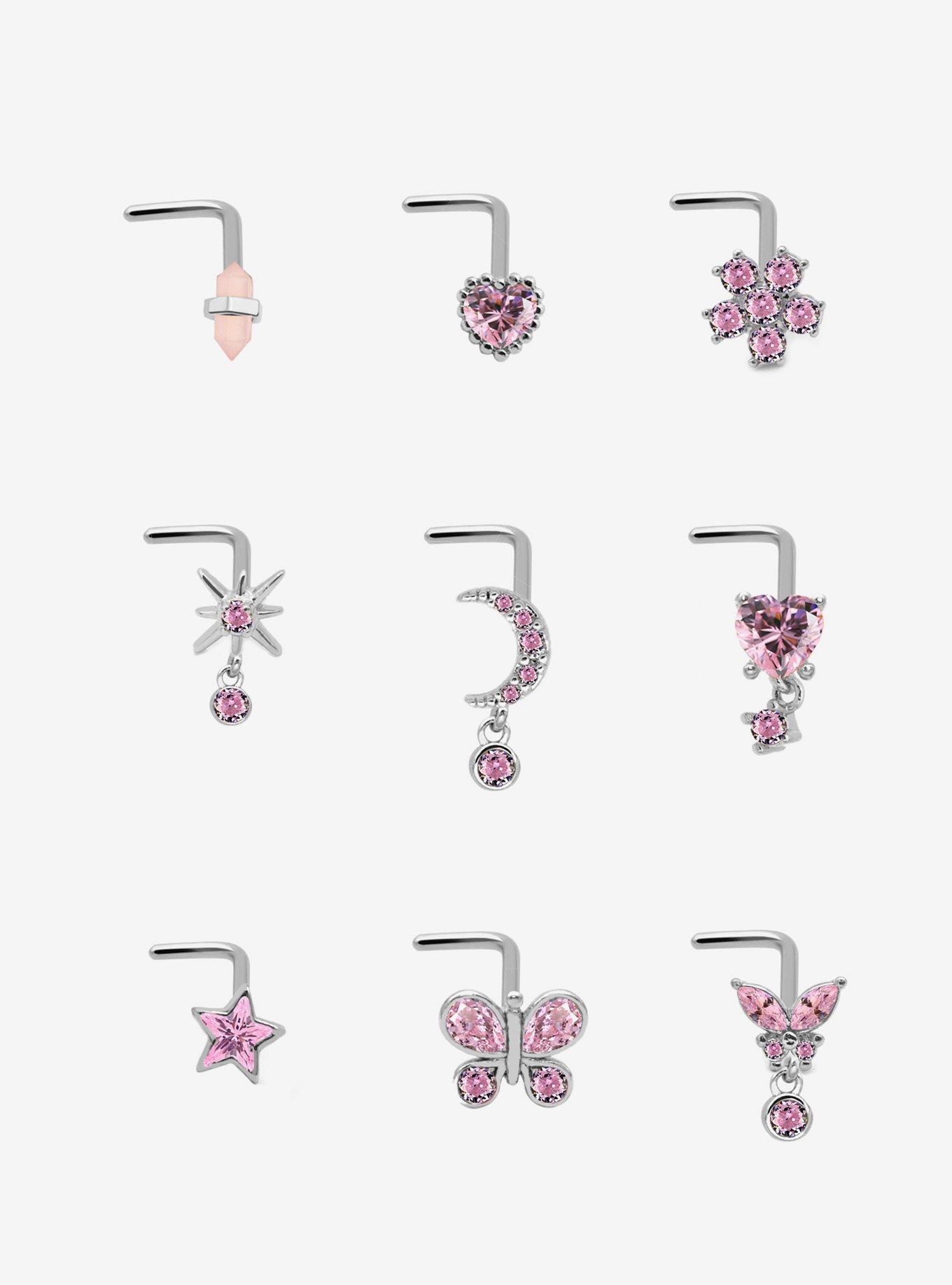 Steel Butterfly Heart Pink Gem Nose Stud 9 Pack, MULTI, hi-res