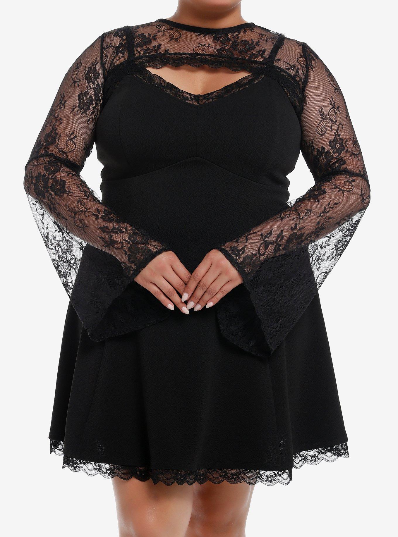 Cosmic Aura Lace Crop Bolero Shrug Twofer Cami Dress Plus Size, BLACK, hi-res