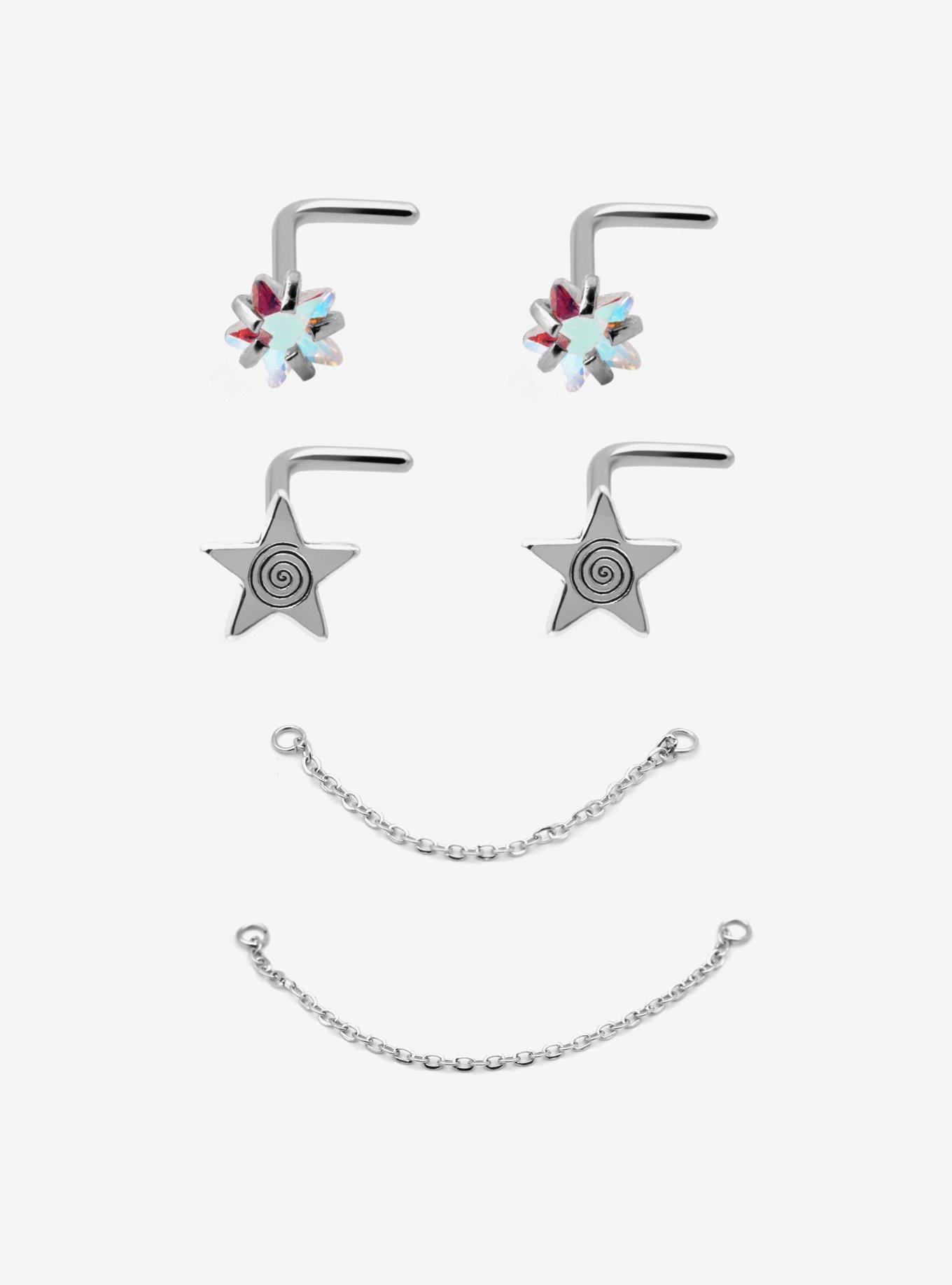 Steel Swirl Star Nose Stud & Chain 6 Pack, MULTI, hi-res